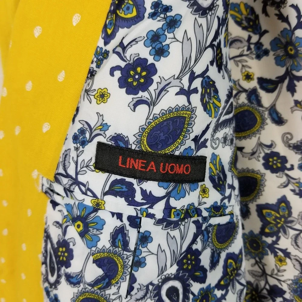 Linea Uomo Blazer Mens 52R Yellow Linen Blend Micro Teardrop Paisley Lined S3100
